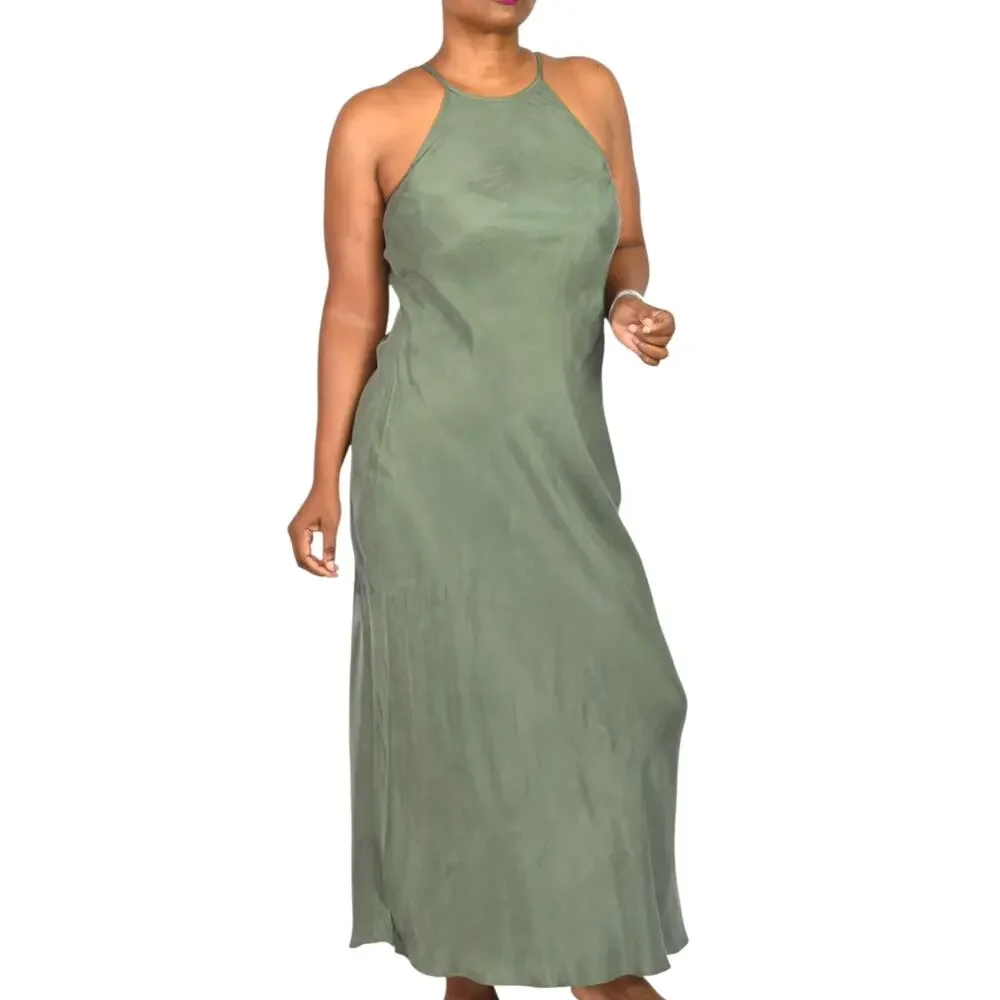 J Crew Amber Slip Dress Green Cupro Halter Maxi Bias Keyhole Silky Slipdress 6